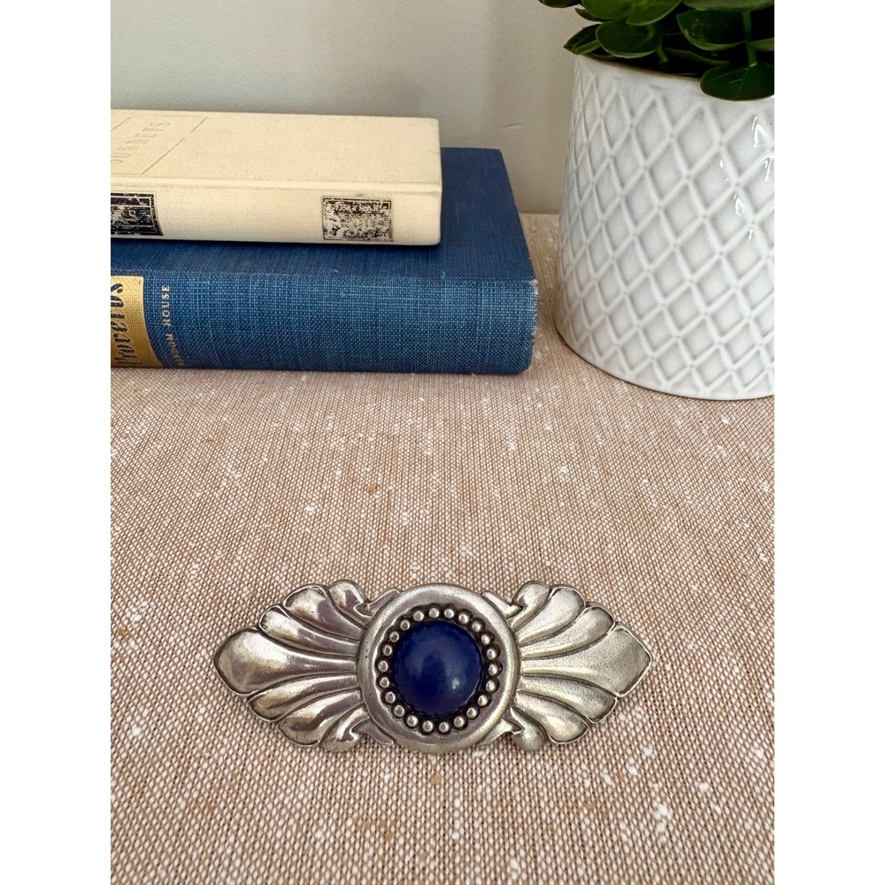 Vintage 80’s Hair Barrette Pewter Blue Cabochon Scalloped Art Deco Hair Jewelry